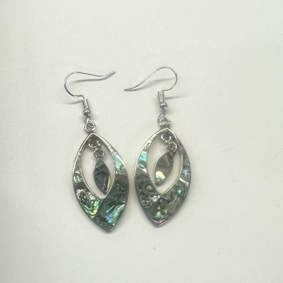 Vintage Taxco Mexican Alpaca Abalone Double Teardrop Earrings - Picture 4 of 6
